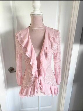 NWOT ~ Dreamgirl Light Pink Ruffle Lace Tie-Front Cardigan/ Thong